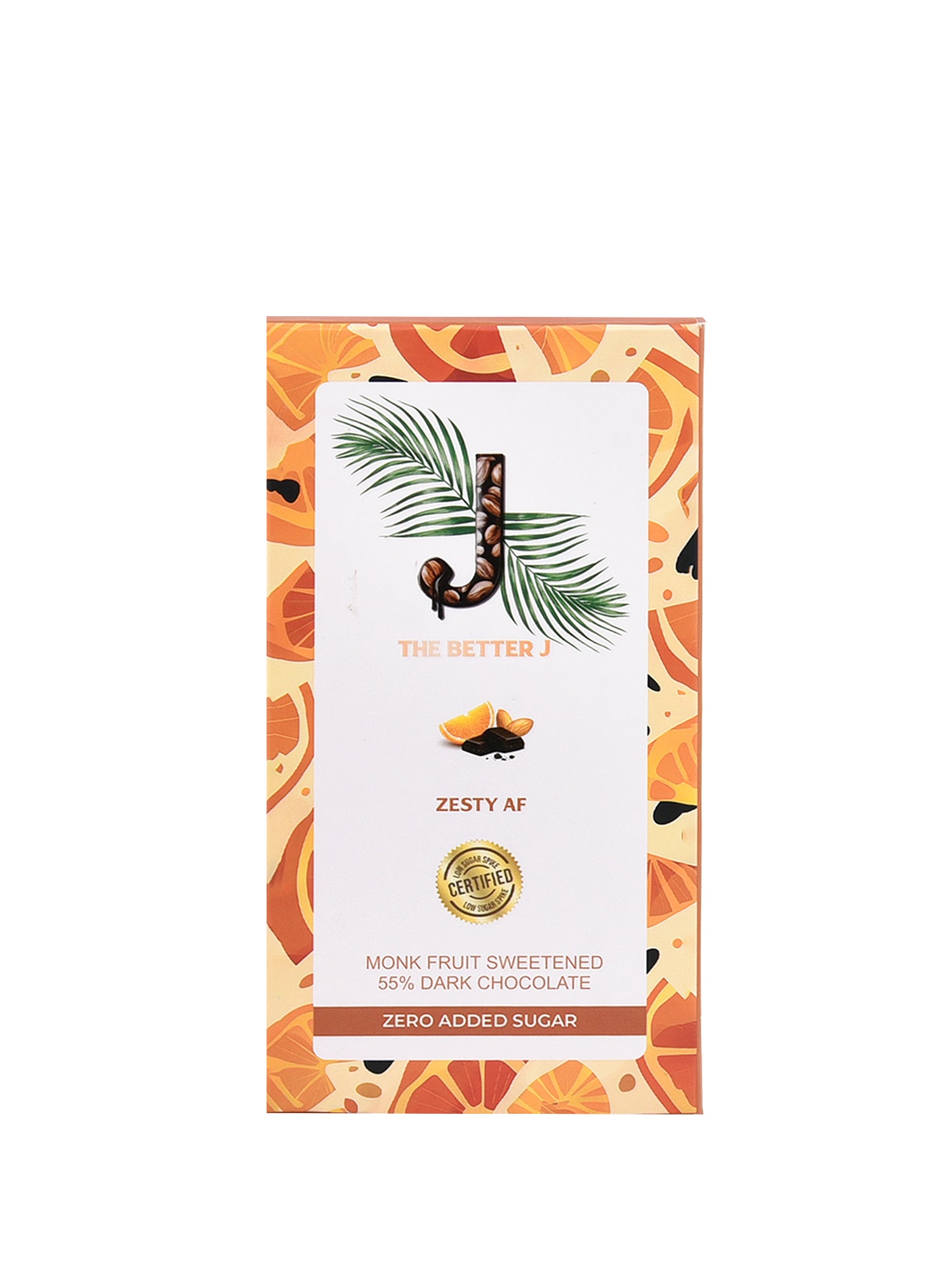 Zesty AF vegan dark chocolate with orange zest and roasted almonds, zero added sugar indulgence by The Better J