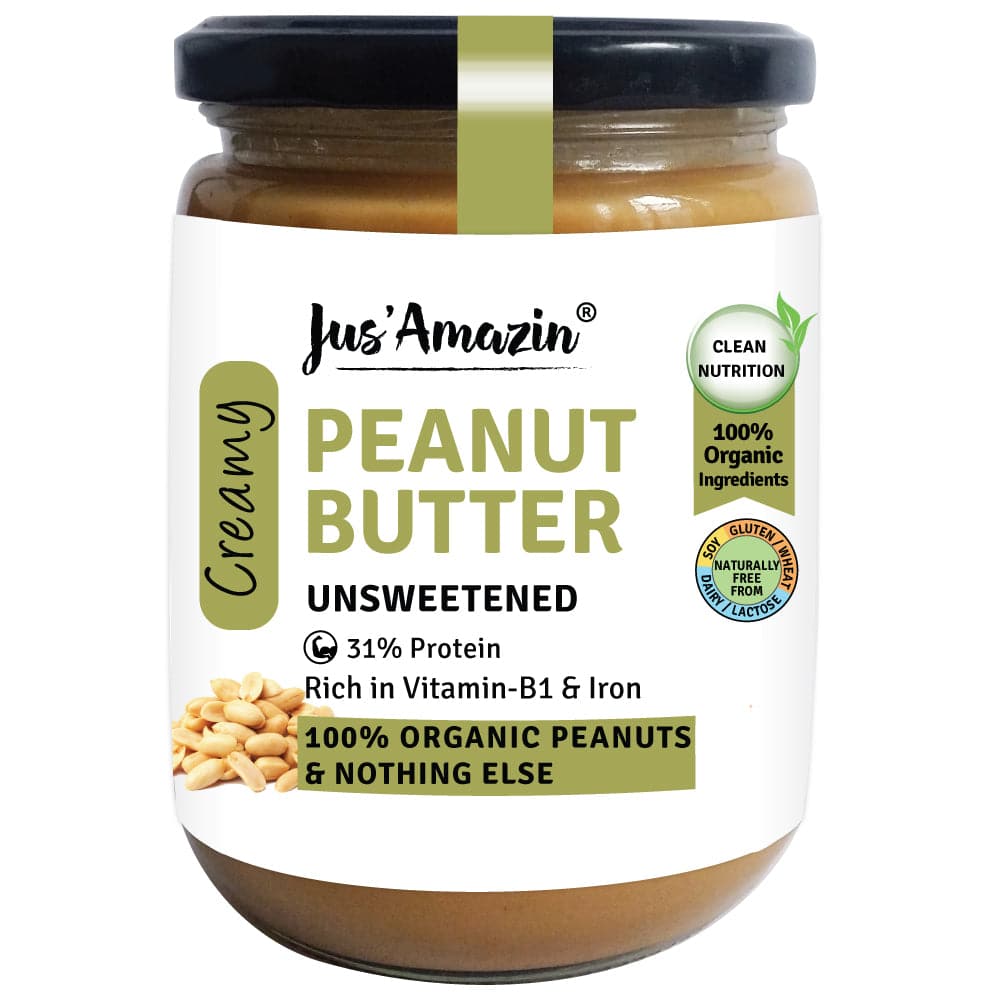 Jus Amazin Creamy Organic Peanut Butter - Unsweetened (500g) | 31% Protein | Clean Nutrition | Single Ingredient - 100% Organic Peanuts | Zero Additives | plant based & Dairy Free