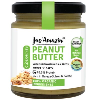 Jus Amazin Crunchy Organic Peanut Butter – With Flax and Sunflower Seeds (200g)