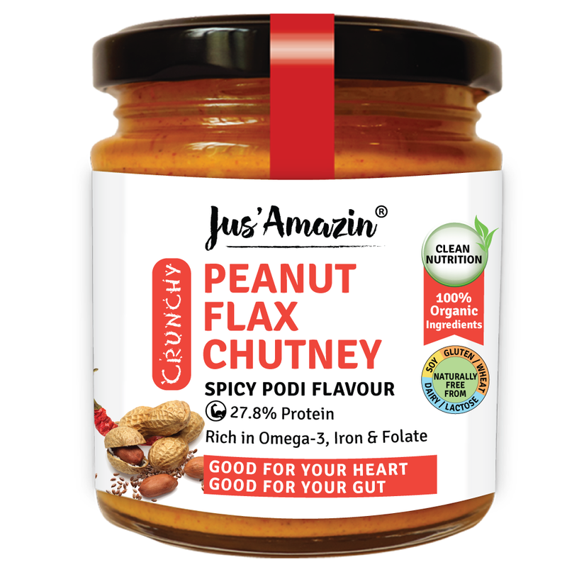 Jus Amazin Crunchy Organic Peanut Flax Chutney – Spicy Podi (200g)