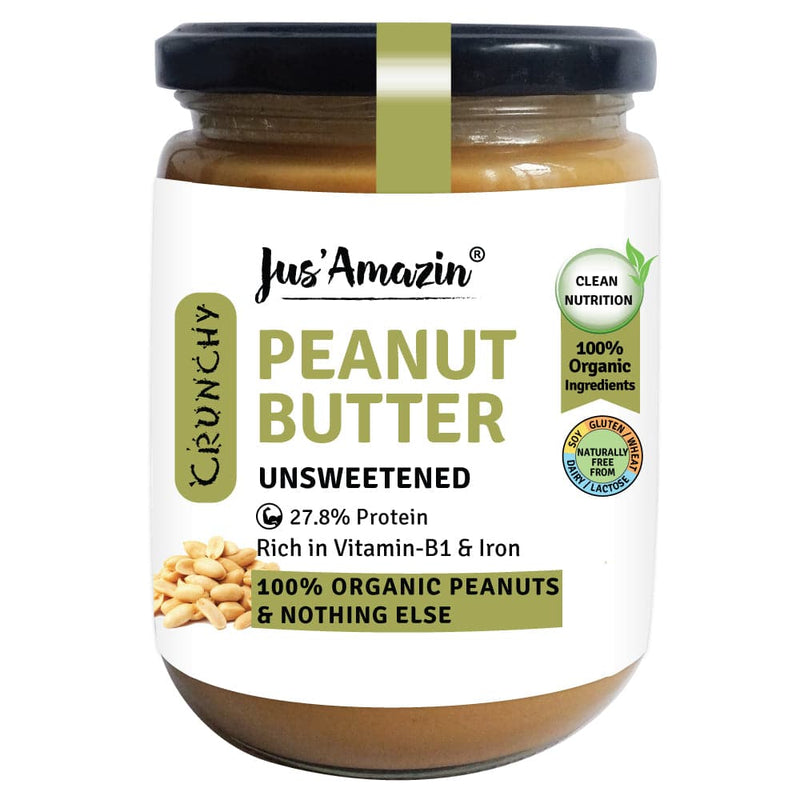 Jus Amazin CRUNCHY Organic Peanut Butter - Unsweetened (500g)