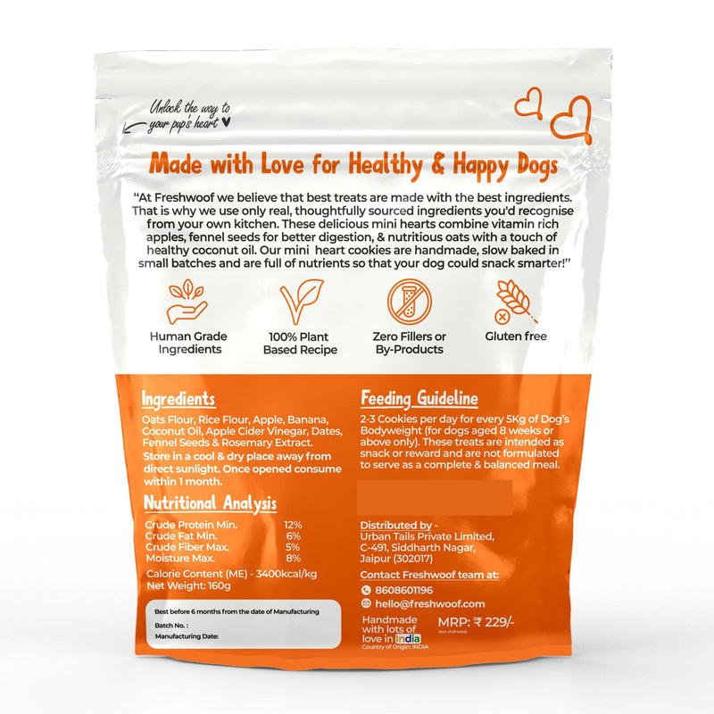 Freshwoof Mini Hearts 165g- Handmade Cookies for Dogs (Apple and Fennel)