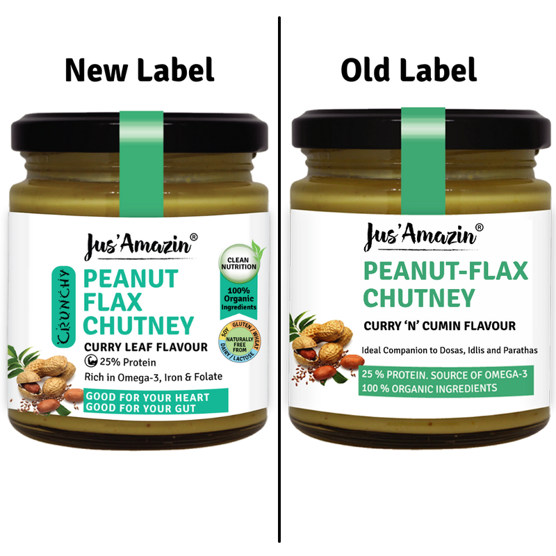 Jus Amazin Crunchy Organic Peanut Flax Chutney - Curry  Leaf Flavor (200g)