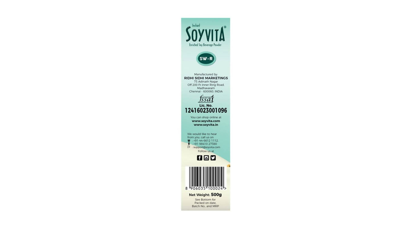 Soyvita - Sweetened Regular Malt | Lactose Free | Enriched Soy Beverage Powder | Serves-15 (500 Gms)