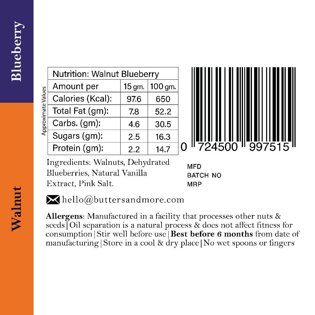 Butters & More Vegan Walnut Butter with Natural Blueberries (200G) No Artificial Flavours Or Colour. - Vegan Dukan