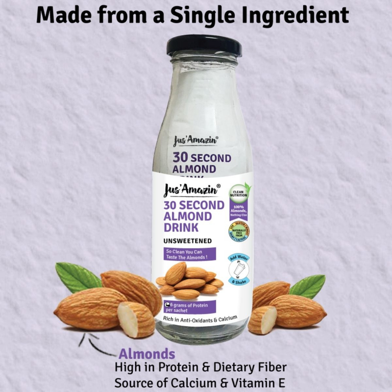 Jus Amazin 30-Second Almond Drink - Unsweetened (5X25g Sachets), 125gm | High Protein (6g per sachets) | 1 Sachet makes 1 glass of Almond Drink | Clean Nutrition | Single Ingredient - 100% Almonds | Zero Additives | Plant Based & Dairy Free