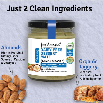 Jus Amazin Dairy-Free Dessert Mate (Almond Based), 200g | 22.4% Protein | Sweetened with Jaggery | Clean Nutrition | 80% Amonds | Rich in Anti-Oxidants & Calcium | No Refined Sugar | Zero Chemicals | Vegan & Dairy Free | 100% Natural