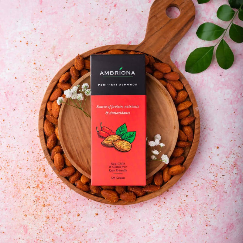 Ambriona Peri-Peri Almonds : All Natural , Source of Protein , Nutrients & Antioxidants . NON GMO, GLUTEN FREE & KETO FRIENDLY | 50 gm x 2
