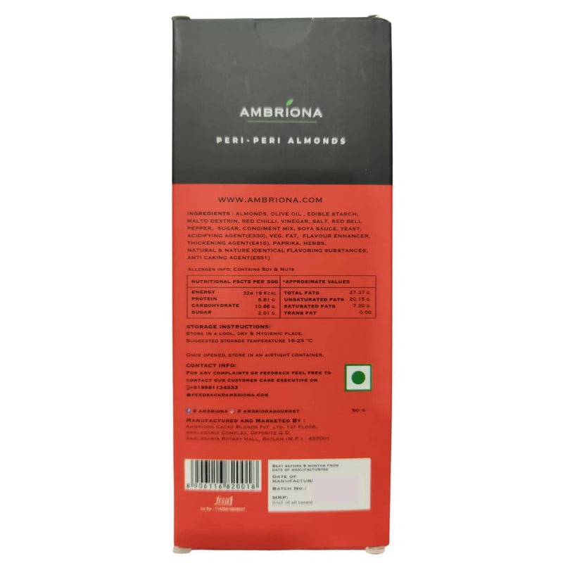 Ambriona Peri-Peri Almonds : All Natural , Source of Protein , Nutrients & Antioxidants . NON GMO, VEGAN , GLUTEN FREE & KETO FRIENDLY | 50 gm - Vegan Dukan