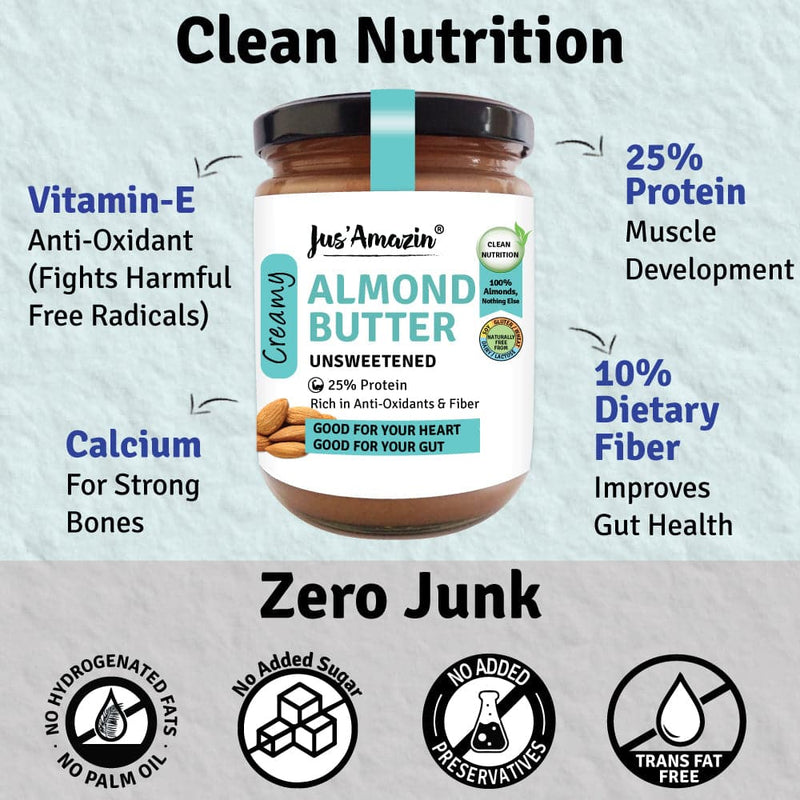 Jus Amazin Creamy Almond Butter - Unsweetened (500g) | 25% Protein | Clean Nutrition |Single ingredient - 100% Almonds | Zero Additives | plant based & Dairy Free