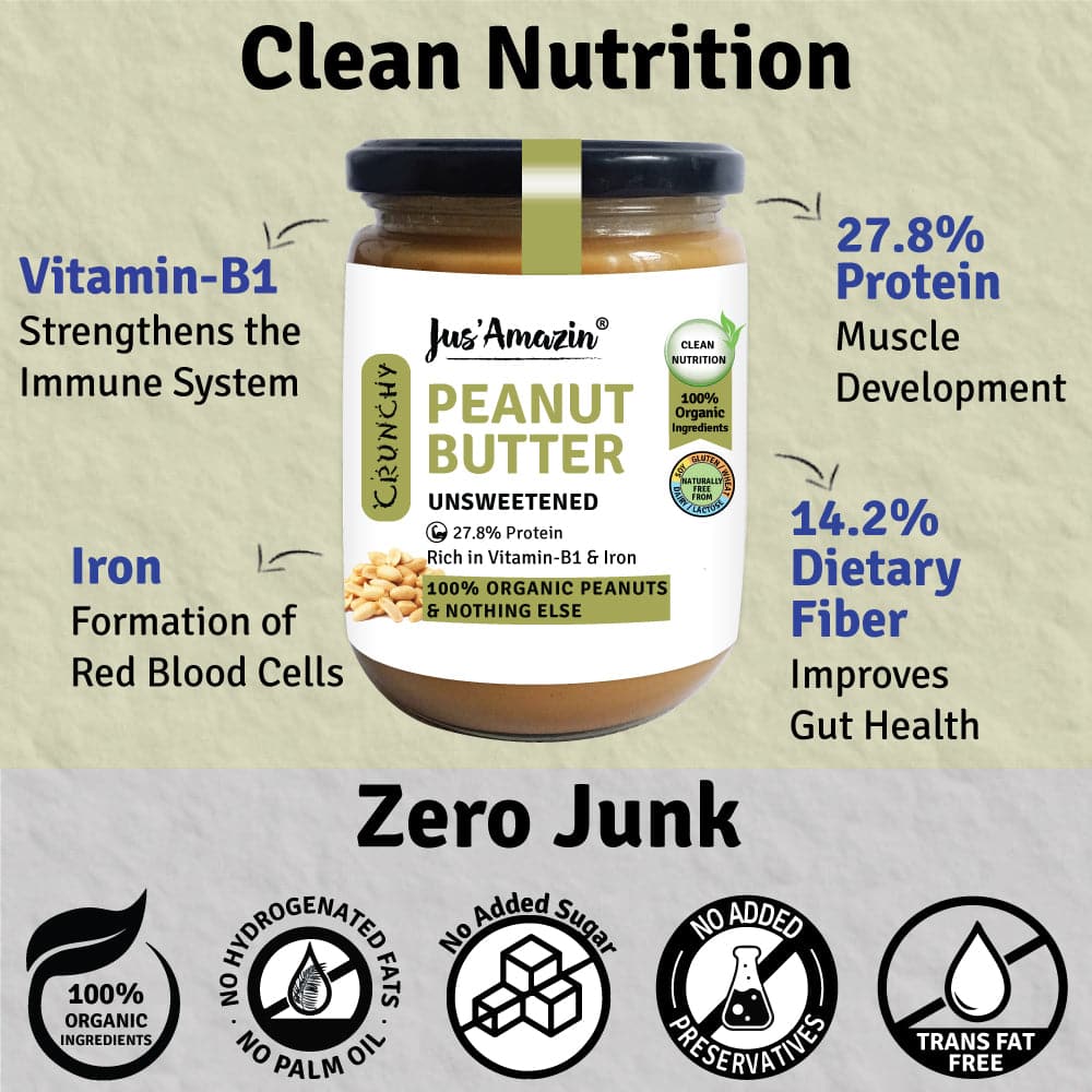 Jus Amazin CRUNCHY Organic Peanut Butter - Unsweetened (500g)