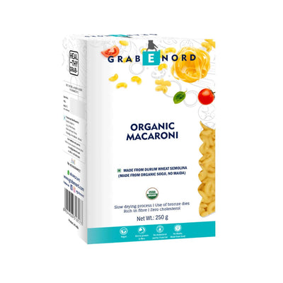 Grabenord Organic Macaroni, Durum Wheat Semolina (USDA Certified Organic, 100% Sooji, No Maida) - 250g - plant based Dukan