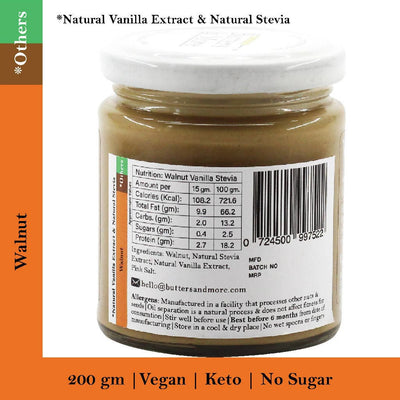Butters & More Vegan Walnut Butter with Natural Vanilla Extract & Natural Stevia Extract (200G). Keto & Diabetic Friendly Nut Butter. - Vegan Dukan