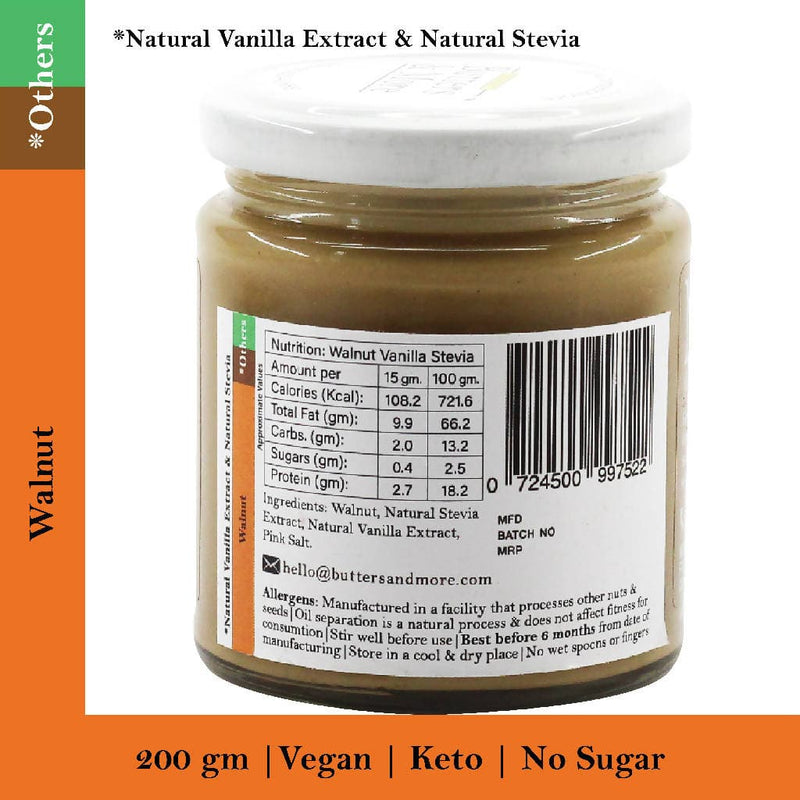 Butters & More Vegan Walnut Butter with Natural Vanilla Extract & Natural Stevia Extract (200G). Keto & Diabetic Friendly Nut Butter. - Vegan Dukan