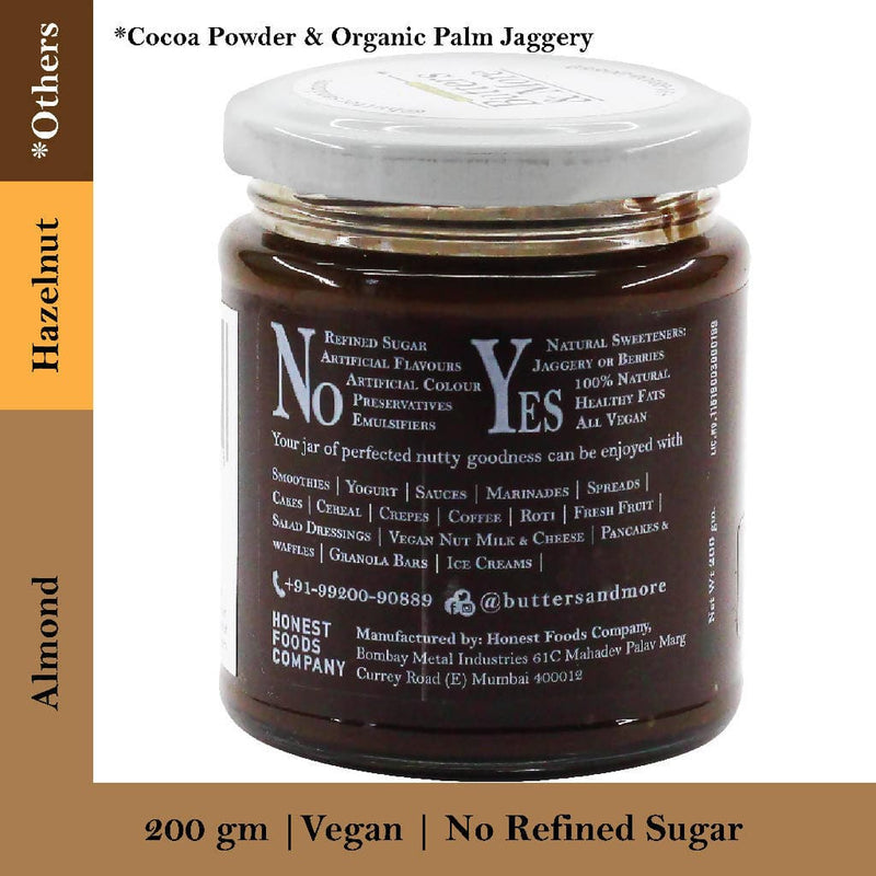 Butters & More Vegan Almond Butter with Hazelnuts, Dark Cocoa & Organic Palm Jaggery (200g) - Vegan Dukan