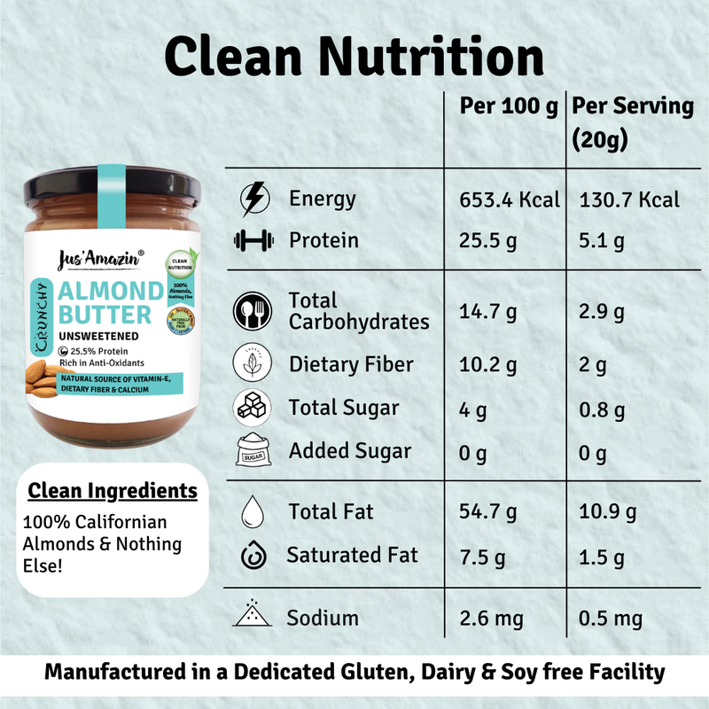 Jus Amazin Crunchy Almond Butter - Unsweetened (500g)