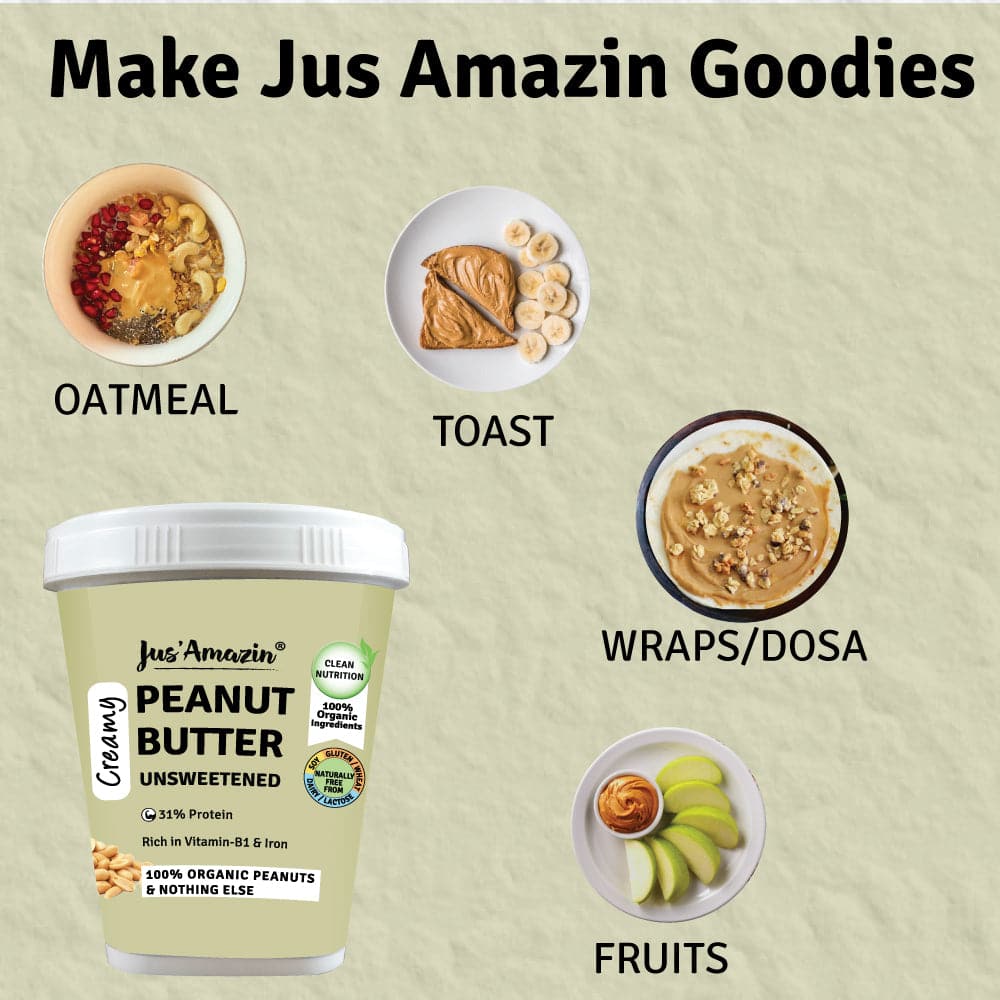 Jus Amazin Creamy Organic Peanut Butter - Unsweetened (1kg)