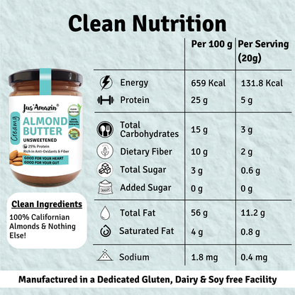 Jus Amazin Creamy Almond Butter - Unsweetened (500g) | 25% Protein | Clean Nutrition |Single ingredient - 100% Almonds | Zero Additives | plant based & Dairy Free