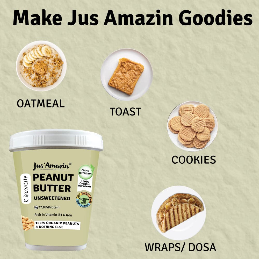 Jus Amazin CRUNCHY Organic Peanut Butter - Unsweetened (1kg)