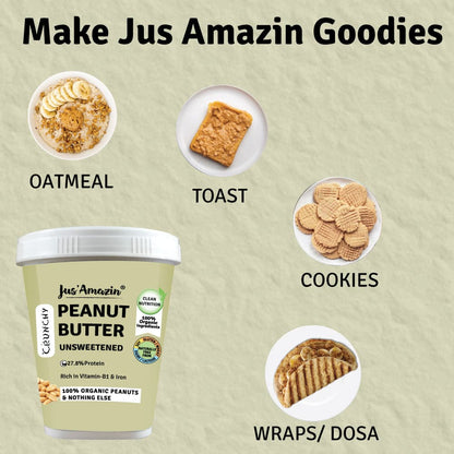 Jus Amazin CRUNCHY Organic Peanut Butter - Unsweetened (1kg)
