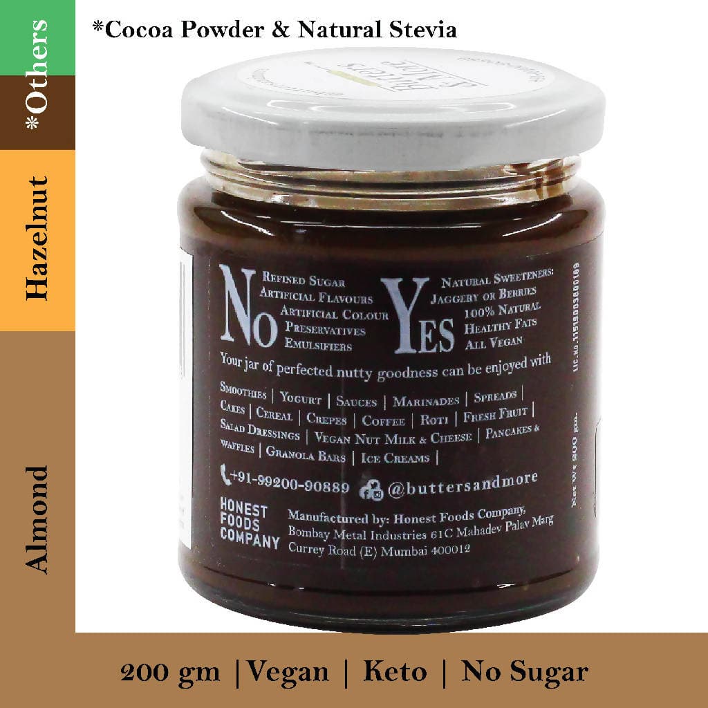 Butters & More Vegan Almond Butter with Hazelnuts, Dark Cocoa & Stevia (200g) - Vegan Dukan