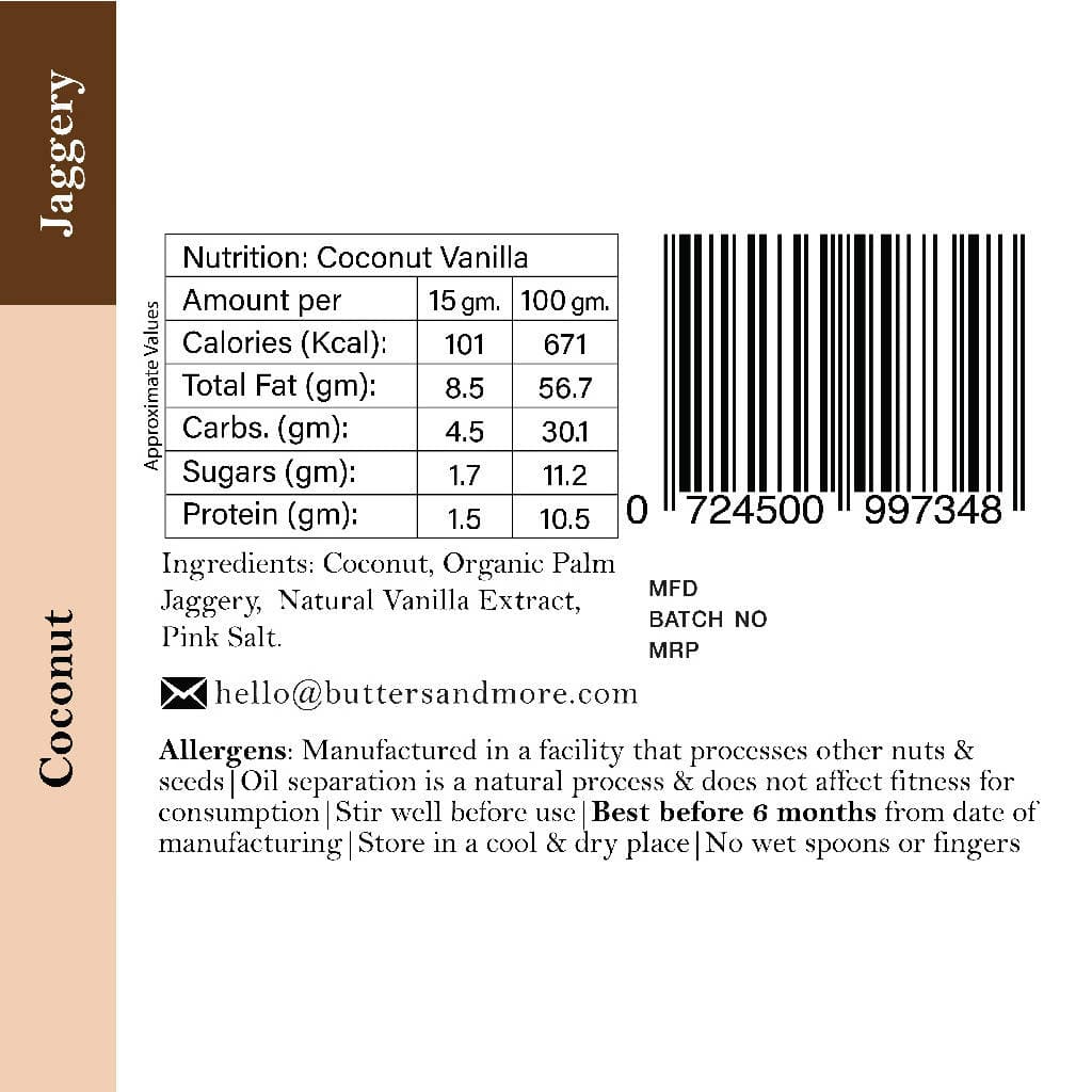 Butters & More Vegan Coconut Butter with Natural Vanilla Extract & Organic Palm Jaggery (200g). No Refined Sugar. No Artificial Flavours. - Vegan Dukan