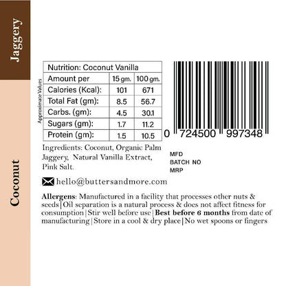 Butters & More Vegan Coconut Butter with Natural Vanilla Extract & Organic Palm Jaggery (200g). No Refined Sugar. No Artificial Flavours. - Vegan Dukan