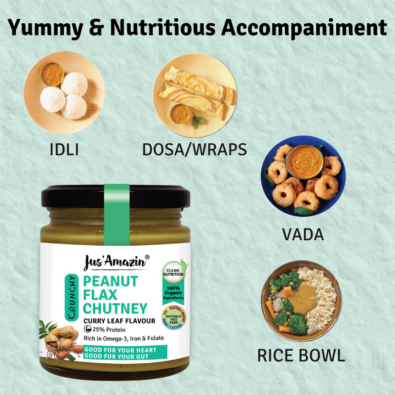 Jus Amazin Crunchy Organic Peanut Flax Chutney - Curry  Leaf Flavor (200g)