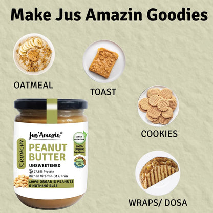 Jus Amazin CRUNCHY Organic Peanut Butter - Unsweetened (500g)