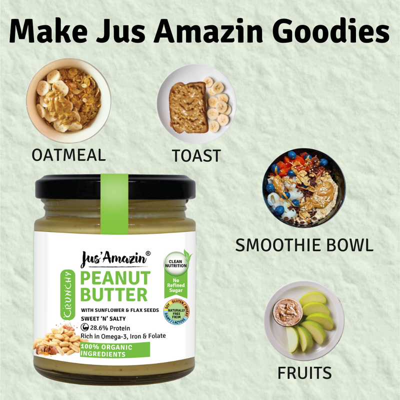 Jus Amazin Crunchy Organic Peanut Butter – With Flax and Sunflower Seeds (200g)