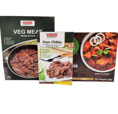Mock Meat Combo of 1 Gooddot Vegetarian Bytz, 1 Vezlay Veg Meat, 1 Vezlay Soya Chikka - plant based Dukan