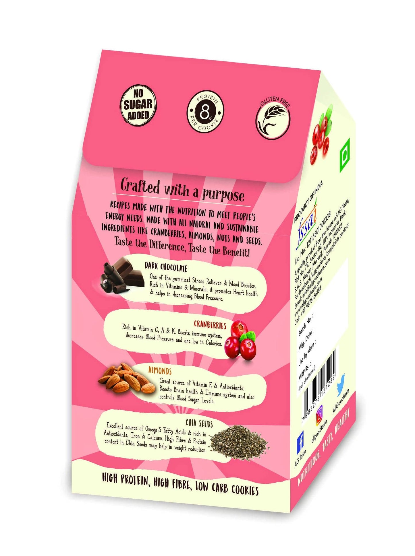 AG Taste Vegan & Gluten Free Chocolate Cranberry Almond Protein Cookies (150 g) - Vegan Dukan