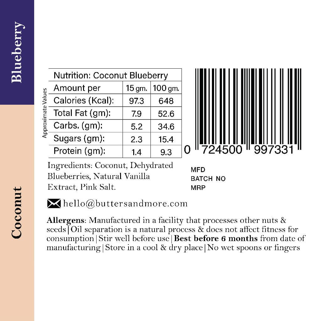 Butters & More Vegan Coconut Butter with Real Blueberries (200g) No Artificial Flavours or Colour. - Vegan Dukan