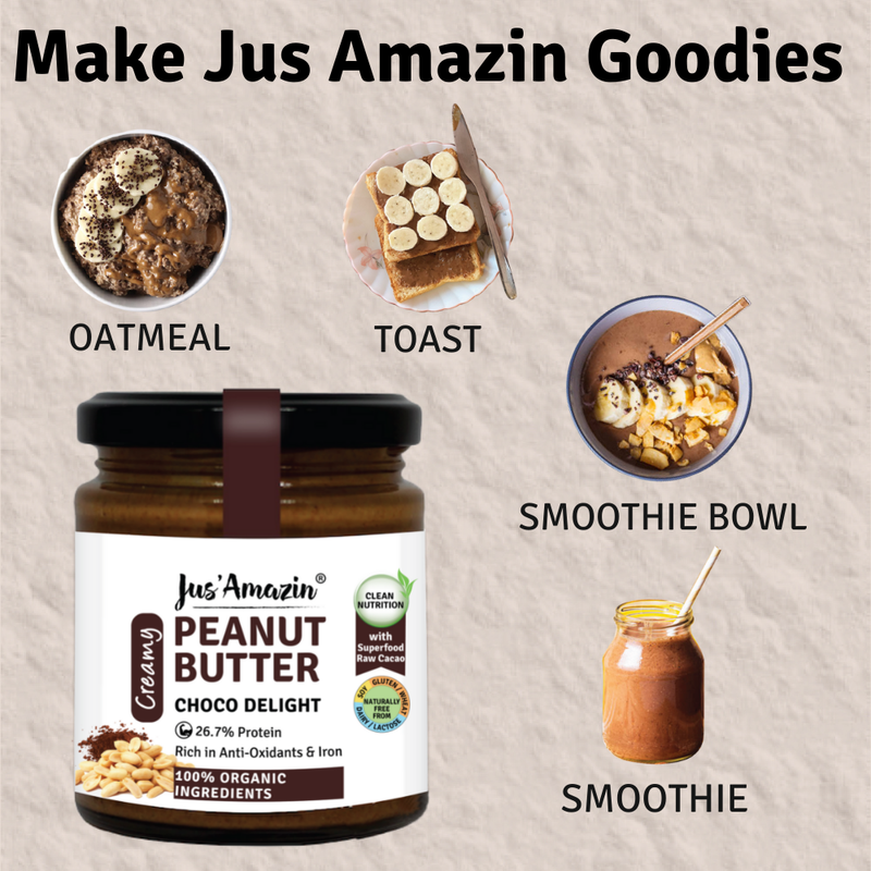 Jus Amazin Creamy Organic Peanut Butter – Choco Delight (200g) | 26.7% Protein | Clean Nutrition | 82% Organic Peanuts | Superfood Raw Cacao | No Refined Sugar | Zero Chemicals | plant based &  Dairy-Free | 100% Organic