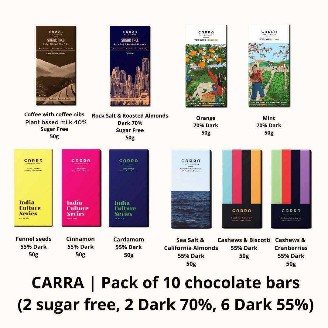 Carra | All 10 Chocolate Bars (2 Sugar Free, 6 Dark 55%, 2 Dark 70%) ; 50g x 10 bars; 500g