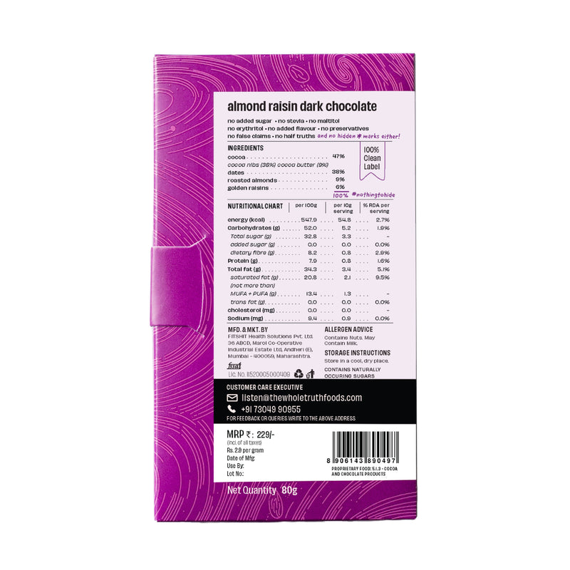 The Whole Truth Dark Chocolate (Almond Raisin) (80g x Pack of 2)