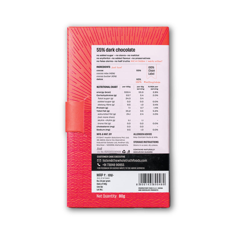 The Whole Truth - 55% Dark Chocolate (80g X Pack of 2) (Date-Sweetened)