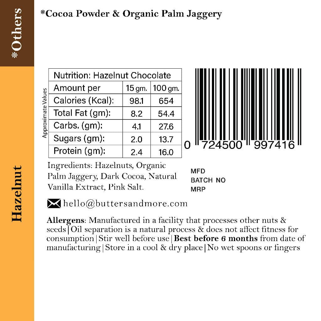 Butters & More Vegan Hazelnut Butter with Dark Cocoa & Organic Palm Jaggery (200g). No Refined Sugar. Healthy Chocolate Spread. - Vegan Dukan