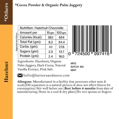 Butters & More Vegan Hazelnut Butter with Dark Cocoa & Organic Palm Jaggery (200g). No Refined Sugar. Healthy Chocolate Spread. - Vegan Dukan