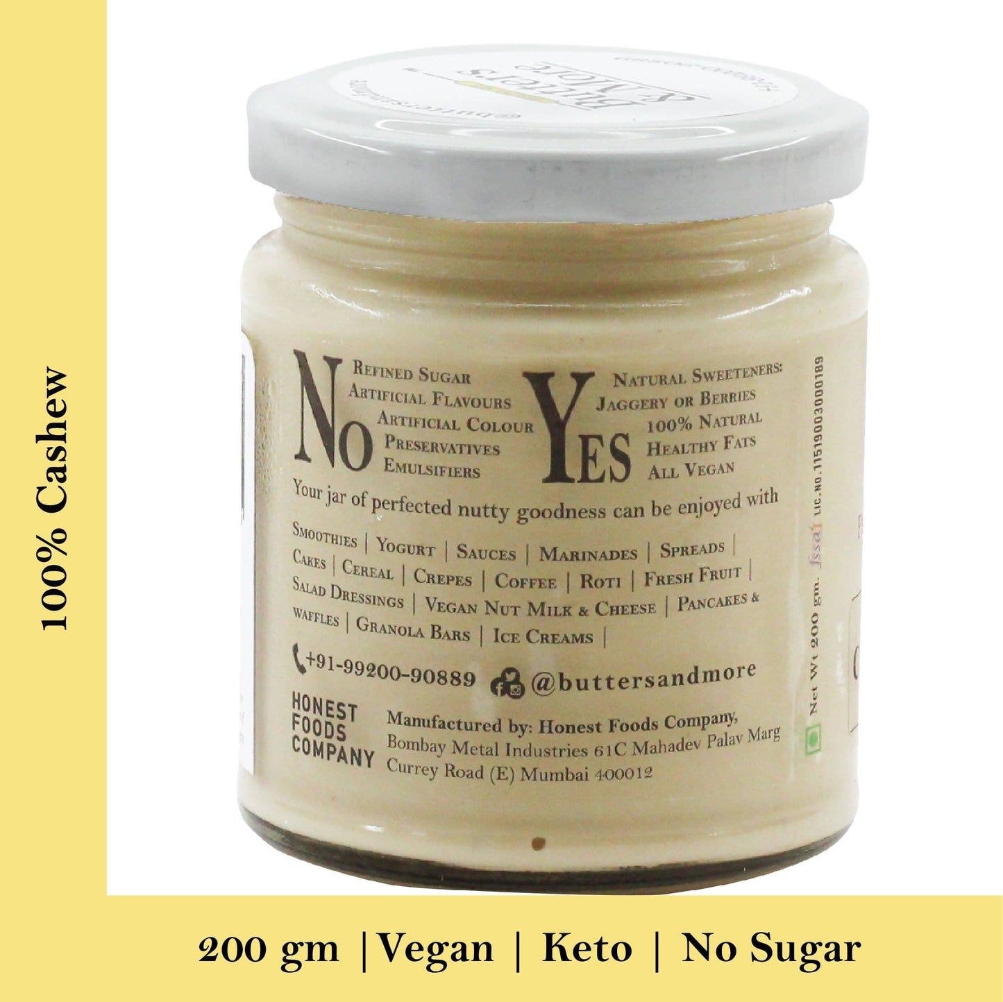 Butters & More Vegan Cashew Butter Unsweetened, Single Ingredient Nut Butter. (200g) - Vegan Dukan