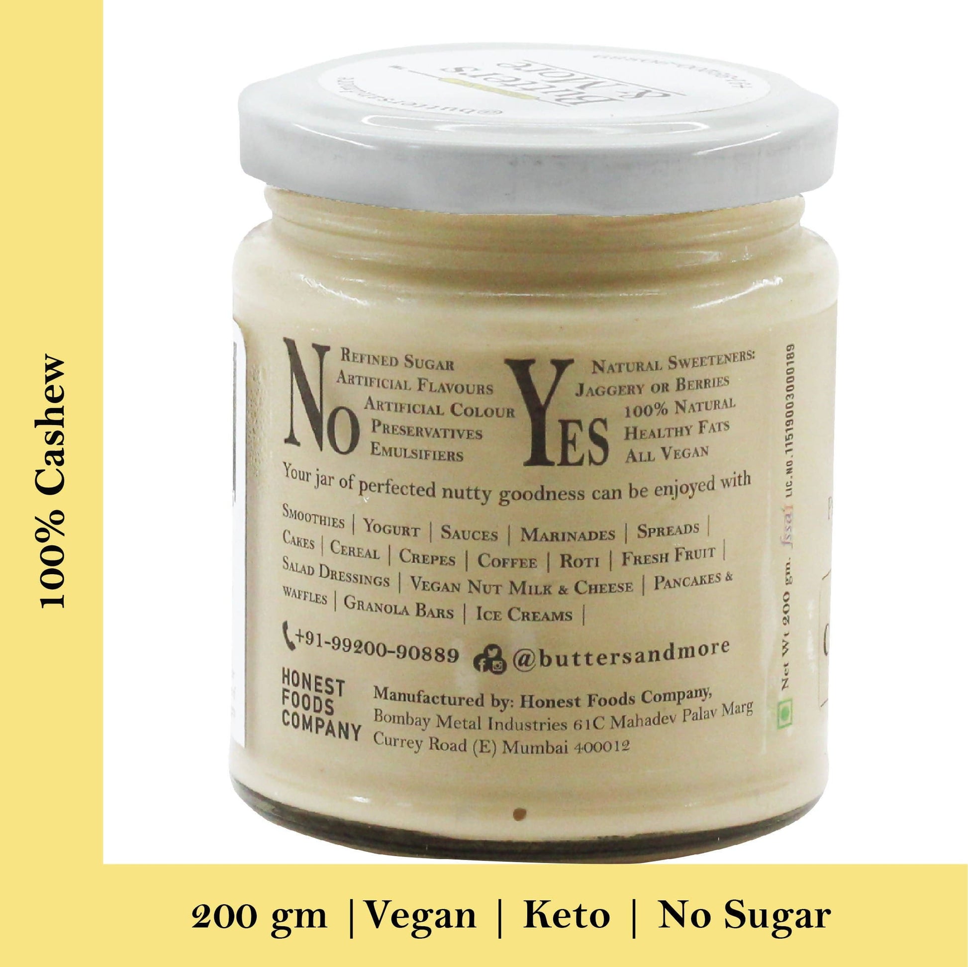 Butters & More Vegan Cashew Butter Unsweetened, Single Ingredient Nut Butter. (200g) - Vegan Dukan