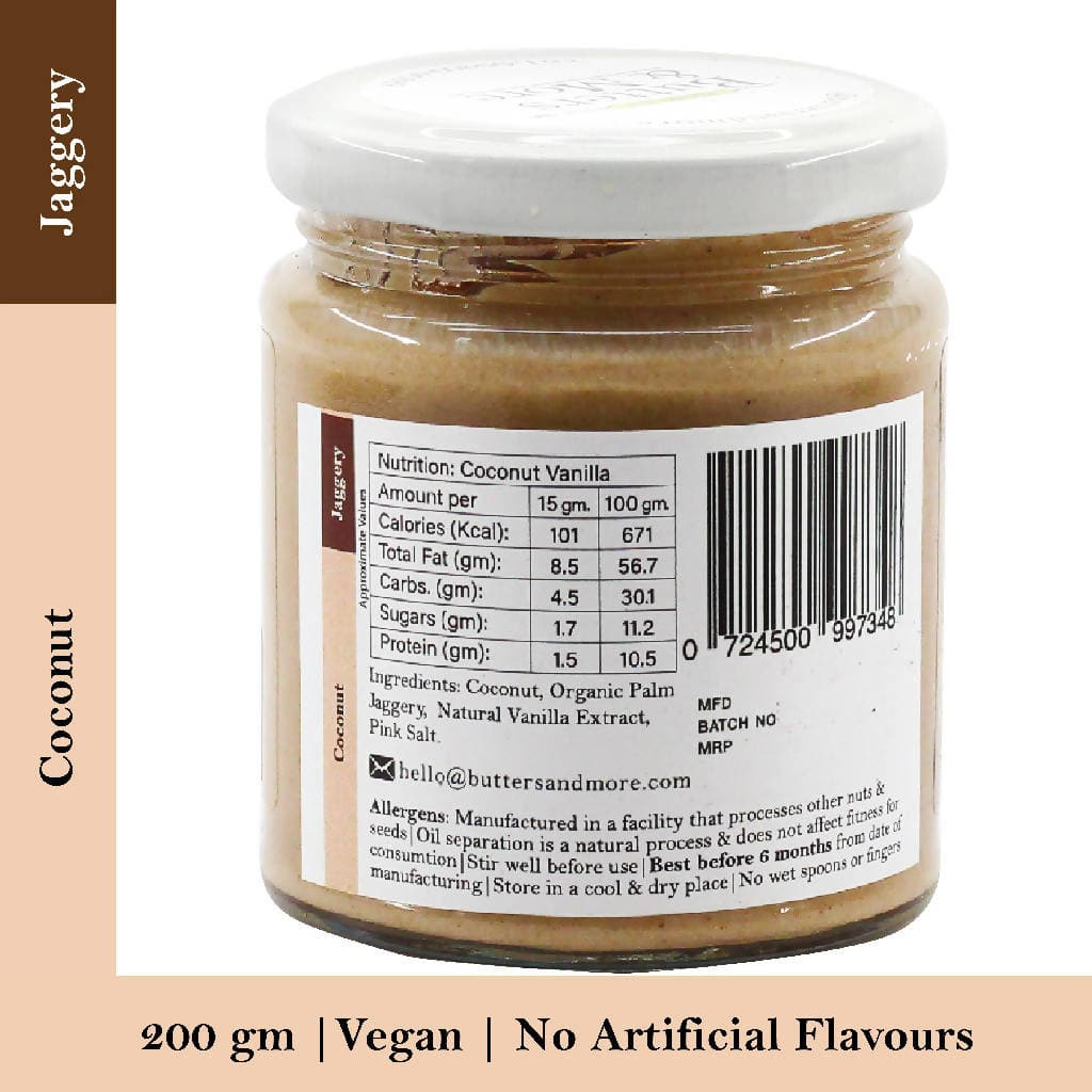 Butters & More Vegan Coconut Butter with Natural Vanilla Extract & Organic Palm Jaggery (200g). No Refined Sugar. No Artificial Flavours. - Vegan Dukan