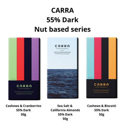 Carra 55% Dark | Nut based series | Pack of 3 : Sea Salt & California Almonds, Cashews & Biscotti, Cashews & Cranberries ; 150g - plant based Dukan