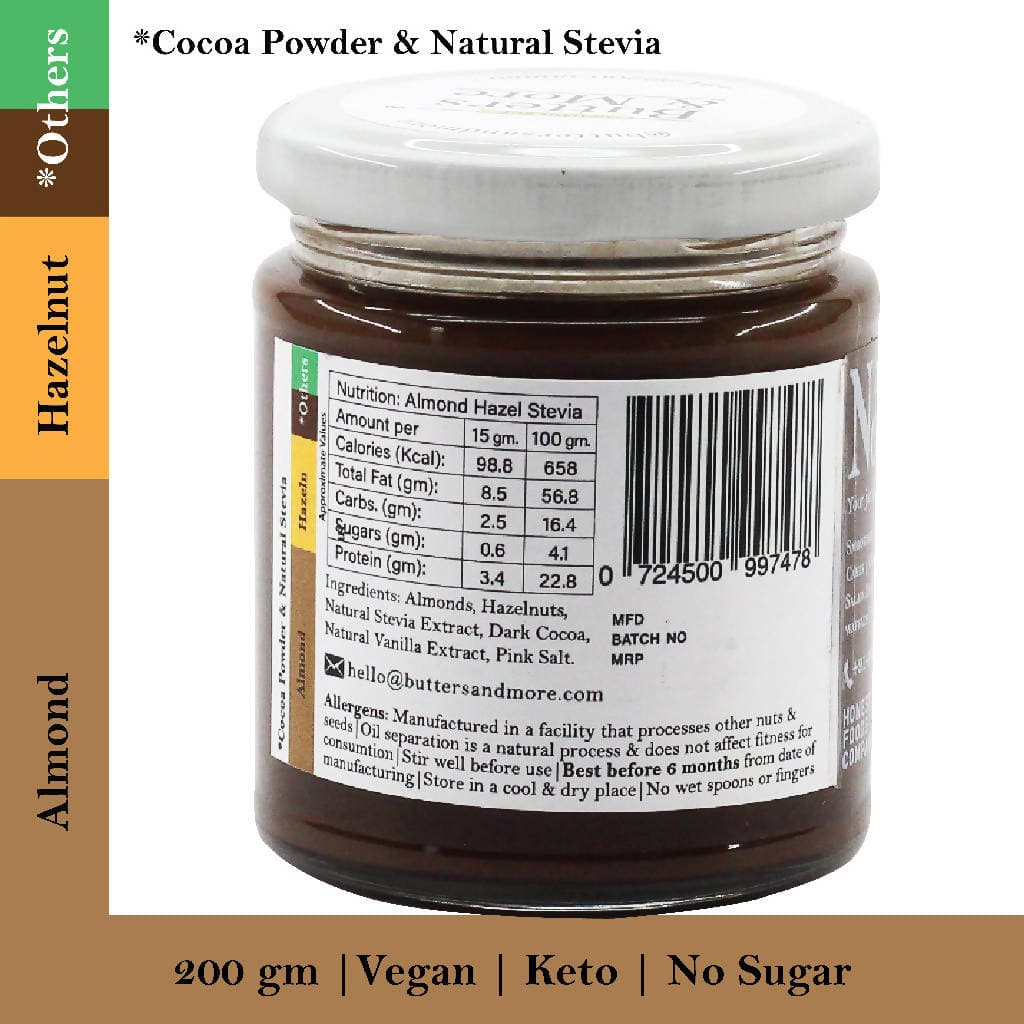 Butters & More Vegan Almond Butter with Hazelnuts, Dark Cocoa & Stevia (200g) - Vegan Dukan