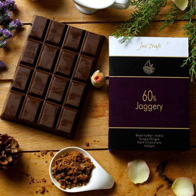 Jus'trufs Artisanal 60% Dark with Jaggery Chocolate Bar (460 gm) - plant based Dukan