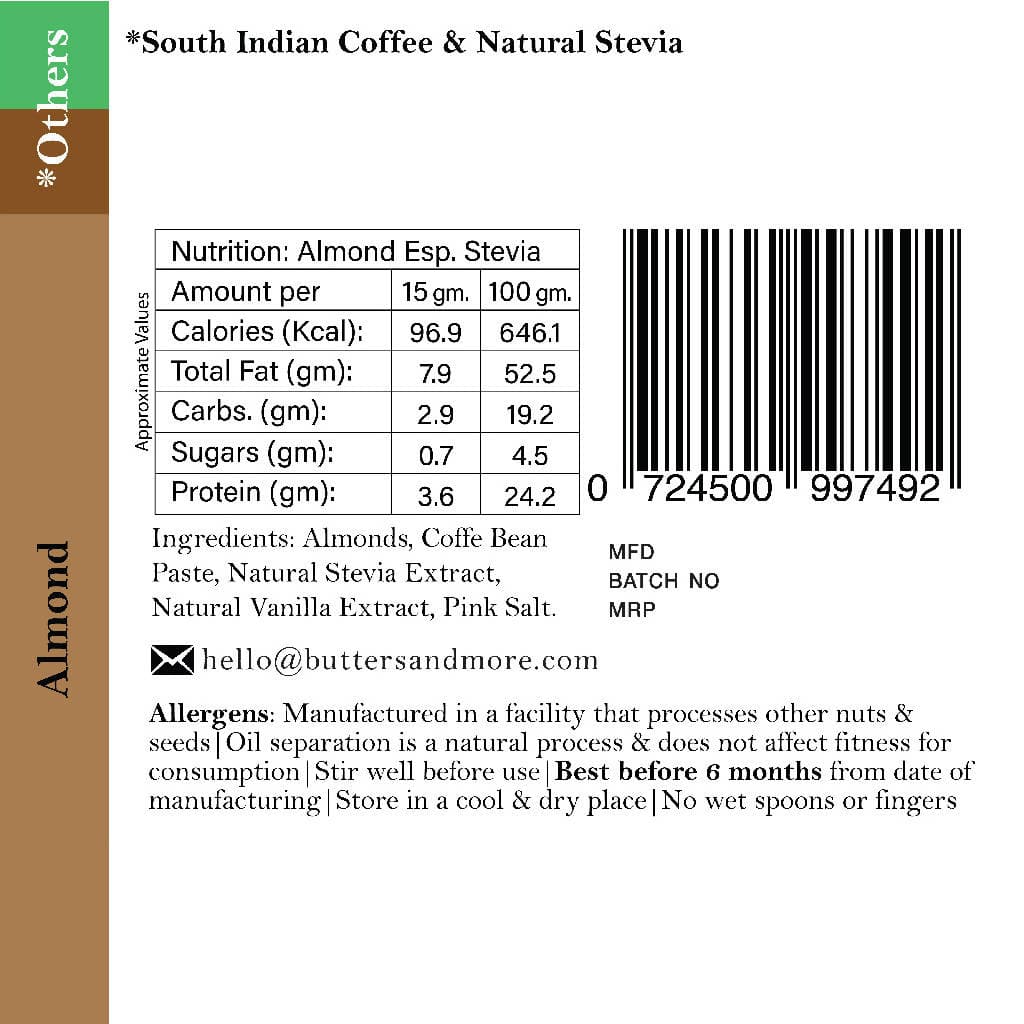 Butters & More Keto Espresso Almond Butter with South Indian Coffee & Natural Stevia Extract (200g) - plant based Dukan