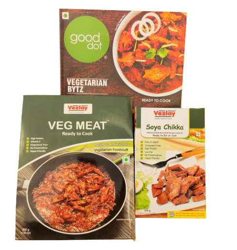 Mock Meat Combo of 1 Gooddot Vegetarian Bytz, 1 Vezlay Veg Meat, 1 Vezlay Soya Chikka - plant based Dukan