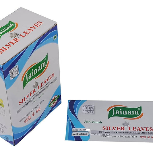 Jainam Edible Silver Leaves, No. 138 pm.sq ; 15 Sheets - plant based Dukan