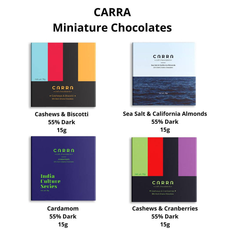 Carra Miniature Chocolate Bars | 55% Dark | Sets of 3 each of Cashews & Biscotti, Sea Salt & California Almonds, Cardamom and Cashews & Cranberries ; 15g X 12pcs ; 180g - plant based Dukan