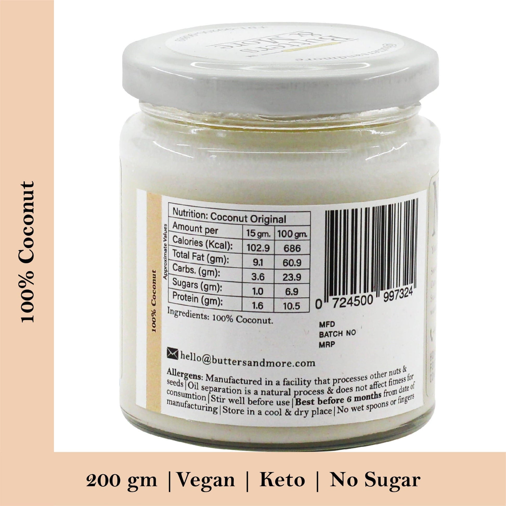 Butters & More Vegan Coconut Butter, Unsweetened & Single Ingredient Nut Butter. (200g) - Vegan Dukan